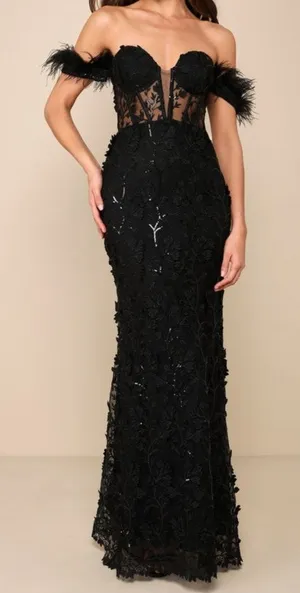 NEW Lulus Midnight Sparkle Black Embroidered Feather Bustier Maxi Dress XS thumbnail 1