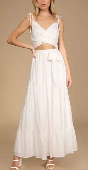 Lulus Ivory Cut Out Maxi Dress M Cottagecore‎ Tie-Strap Celestial Smocked Tiered thumbnail 1