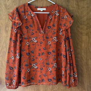 Loft sz M Ruffled Sheer Rust Red Floral Embroidered Crochet Blouse Top Bohemian thumbnail 2