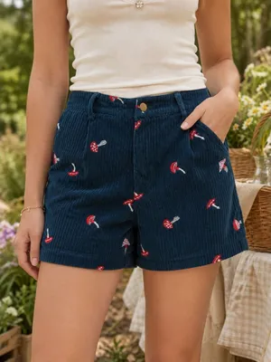Unbranded Mushroom Embroidered Corduroy High Rise Shorts S 4-6 Blue thumbnail 1