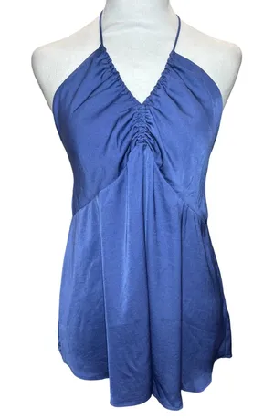 Banana Republic NWT Silky Halter Top L Granite Blue Ruched V-Neck‎ $54.99 thumbnail 1