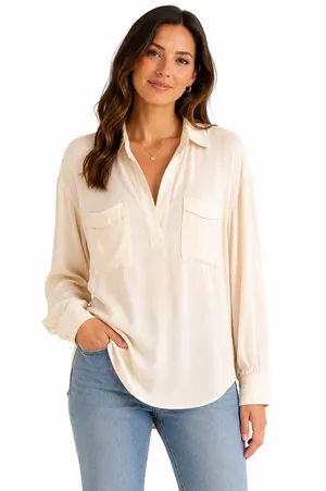 Free People Women’s Small Ivory Oversized Satin Utility Blouse Pocket Top thumbnail 1