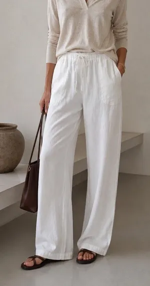 Merona White Linen Blend Pants XXL Wide Leg Drawstring Elastic Waist Resort thumbnail 1