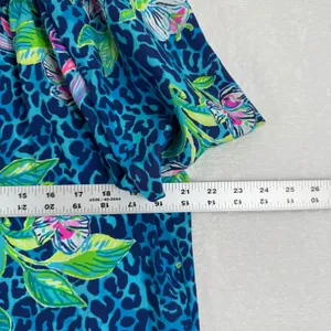 Lilly Pulitzer Elsa Blouse‎ Womens Medium Blue Silk Leopard Floral Smocked Top thumbnail 3