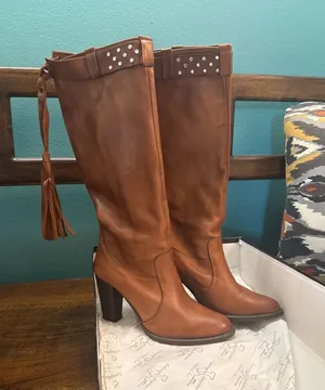 G.K. Mayer Handcrafted Cuoio Vitello Leather Tassel Studded Tall Boots Size 39 thumbnail 1