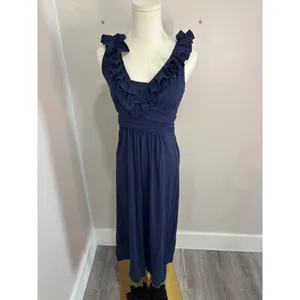 Lilly Pulitzer Navy Blue‎ Ruffle V-Neck Maxi Dress XS Jersey Knit Sleeveless thumbnail 2