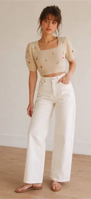 NWT Idem Ditto Floral Embroidered Crop Knit Sweater Coquette Cottagecore Small thumbnail 1