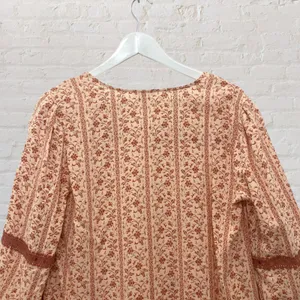 Boho Peasant Blouse M Floral Crochet Lace Tie Neck 3/4 Puff Sleeve Festival thumbnail 12