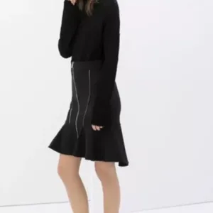 Zara Zip High Low Flounce Skirt Knee Length Contemporary Front Zip Closure Black thumbnail 7