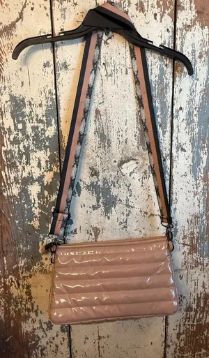 Think Royln Puffer crossbody purse Tan black snakeskin strap + cosmetic bag thumbnail 1