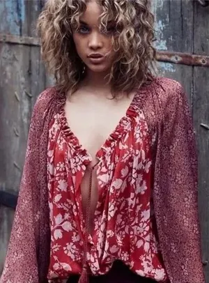 Floral Red Women's Top Free People Hendrix Large Boho Indie Soft Blouse thumbnail 1