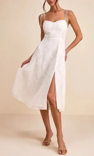 Lulus Loveliest Looks Midi Dress Womens Large White Floral Jacquard Tie-Strap thumbnail 1
