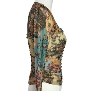 Free People Dainty Retro 90s Ariana Long Sleeve Ruched Top Taupe Combo Medium thumbnail 7