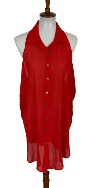 W By Wenjie Red Top Large Sleeveless Button‎ Down Bold Statement Cottagecore thumbnail 1