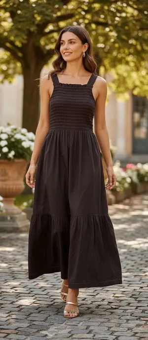 Everlane Smocked Midi Dress Espresso Brown Rust Contrast Stitch Pockets Womens S thumbnail 1