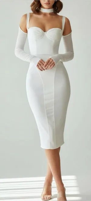 HOUSE OF CB Talika Corset Midi Dress, Ivory, XS thumbnail 1