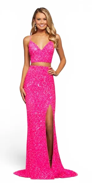 Sherri Hill 53448‎ Neon Pink Sequin Two Piece Gown High Slit Dress Sz 4 NWT thumbnail 1