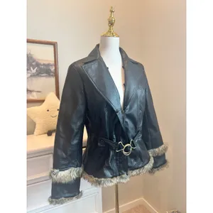 Faux Leather Jacket Fur Trim Y2K Gothic Belted Black Coat Large witchy thumbnail 3
