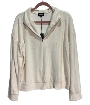 MONROW Quarter Zip Pullover Sweatshirt Top Womens XL Cream Collar Terrycloth NWT thumbnail 1