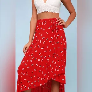 Billabong Dancing Till Dawn Red Floral Midi Wrap Skirt Size Medium thumbnail 6