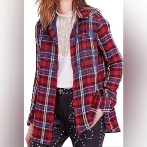 Free People XS Plaid Embroidered Button-Up Shirt Red/Blue Long Sleeve Cotton thumbnail 4