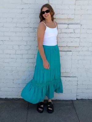 ZARA Teal boho maxi skirt with ruffled tiers and lace trim sz L #boho #festival thumbnail 4