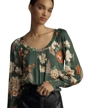 Anthropologie Tiny Scoop-Neck Raglan Green Floral Long Sleeve Top NWT Small thumbnail 1