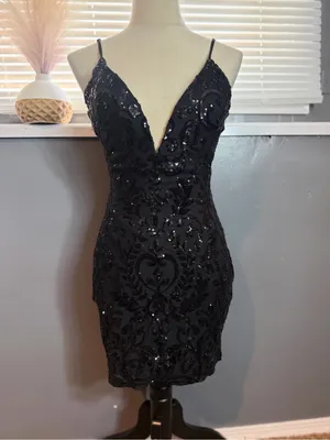Lovesome Black Sequin Lace Up Open Back Bodycon Mini Dress Size M thumbnail 5