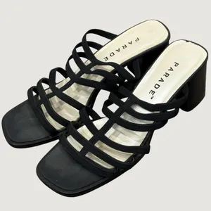 Y2K 90s Parade Black Strappy Chunky Block Heel Square Toe Mule Sandals 6.5 Party thumbnail 1