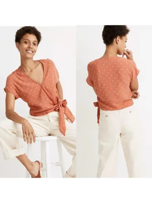 Madewell Wrap Tie Blouse Pink White Polka Dot V-Neck Short Sleeve Size M thumbnail 2
