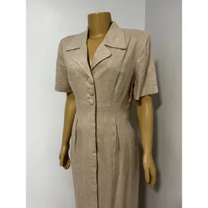 Misty Lane Vintage Linen Blend Maxi Dress Oatmeal Beige Short Sleeve Size 10 USA thumbnail 2
