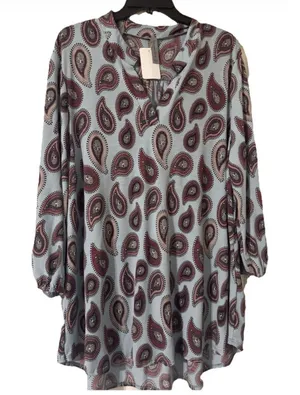 Women’s HONEYME CURVY Blouse Size XXL lightweight Paisley Tunic Blue thumbnail 1