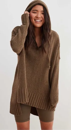 Aerie chenille chunky knit brown green oversized hoodie sweater thumbnail 1