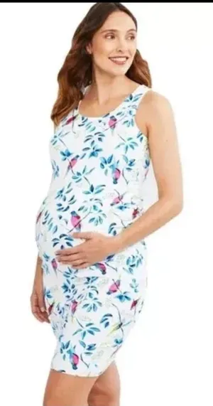 Motherhood Maternity Floral Bird Dress sleeveless S Bodycon Ruched Sundress thumbnail 1