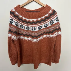 Aerie Fair Isle Knit Sweater Rust Orange Neutral Ivory Earth Cottagecore Large thumbnail 4