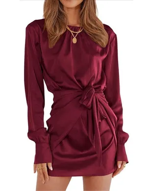 New Satin Dress Tie Waist Elegant Cocktail Mini Red 16 XL thumbnail 1