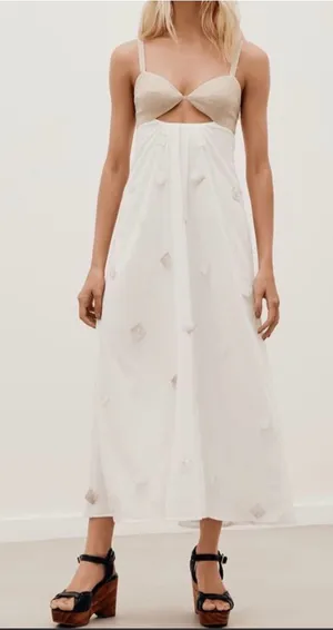 Cream and Tan Cutout Maxi Dress with Decorative Accents thumbnail 1