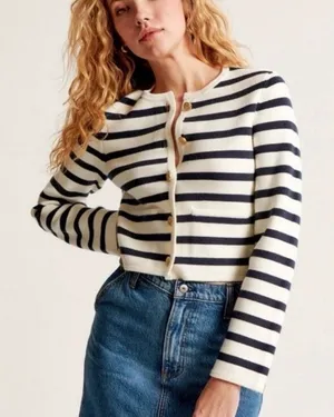 Abercrombie &‎ Fitch Gold Button Striped Cardigan Sweater in White Navy Size S thumbnail 1