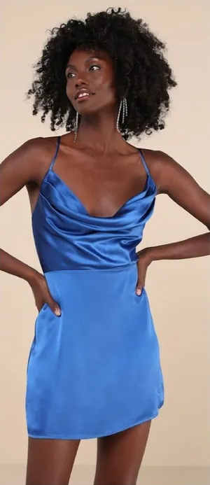 Lulus Luxe Reputation Blue Satin Sleeveless Cowl Neck Mini Dress Size XS NWT thumbnail 1