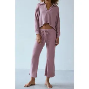 Urban Outfitters Out From Under Cosima Collared Top & Kick Flare Pant SET Mauve thumbnail 2