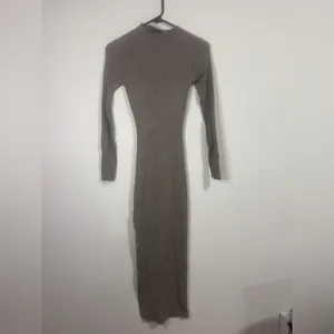 Long-Sleeve Asymmetric Midi Dress in Taupe thumbnail 3