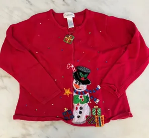 Chadwicks Red Snowman Sequin Beaded Ugly Christmas‎ Sweater Cardigan Womens M thumbnail 1