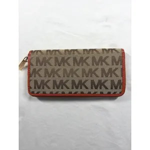 Michael Kors Jet Set Wallet Brown Monogram Canvas Orange Leather Zip Around thumbnail 3