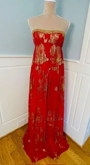 Aidan Mattox Beaded Silk Strapless Ball Gown Red & Gold Prom Party 4 thumbnail 1
