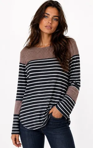 12PM by Mon‎ Ami Sweater Striped Long Patch Sleeve Color Block Preppy Academia L thumbnail 1