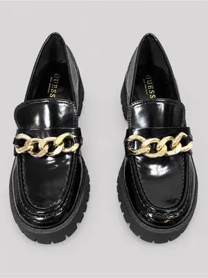 GUESS Hillford Chunky Women Loafer Black Patent Gold Chain Platform Lug Sole 9.5 thumbnail 4