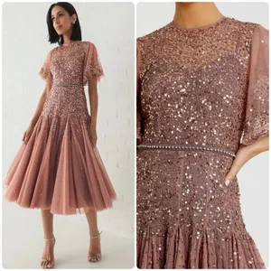 Mac Duggal Pink Cape Sleeve Beaded Tea Length Drop Waist Dress size 6 C9 thumbnail 2