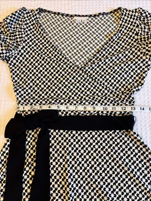 London Times Size 8 Black White Printed Midi Wrap V-Neck Fit & Flare Dress Belt thumbnail 9