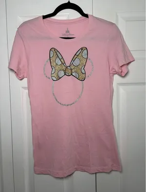 Disney Parks Minnie Mouse Graphic T Shirt Womens Size M Pink Glitter Bow Cotton thumbnail 1