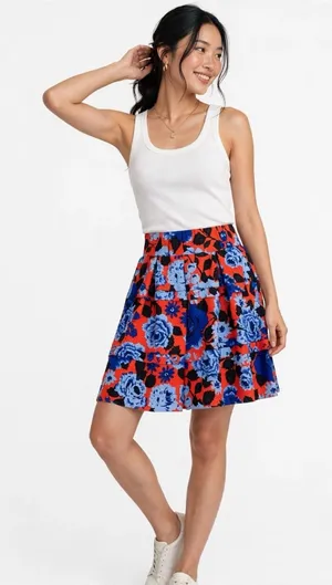 Anthropologie HD In Paris Lyanna Red Blue Floral A Line Mini Skirt Statement XS thumbnail 1